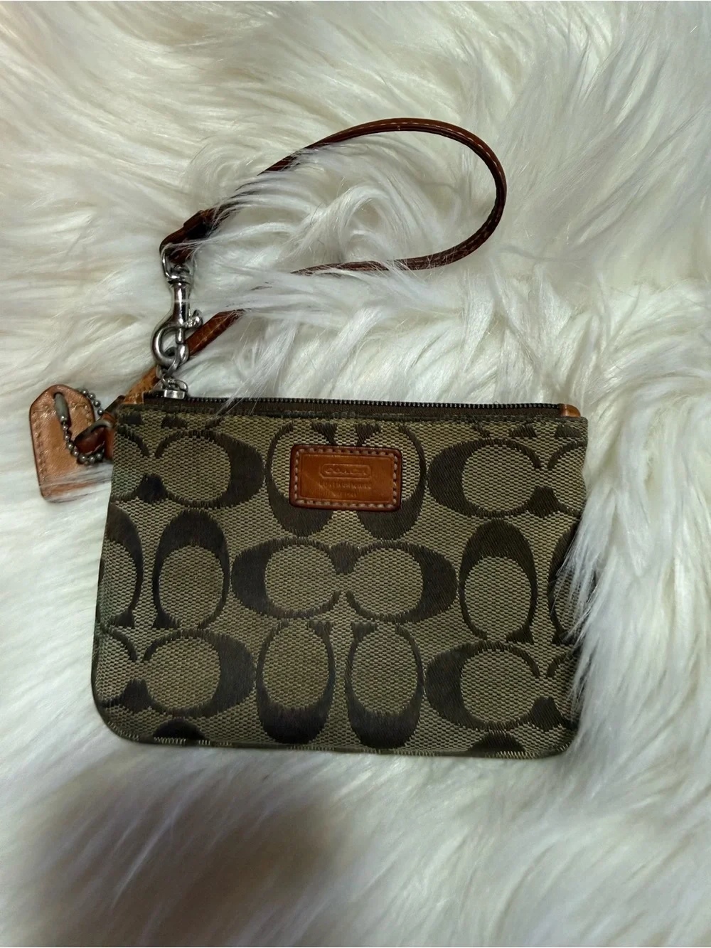 Coach Brown Signature Canvas Wristlet with Leather Trim